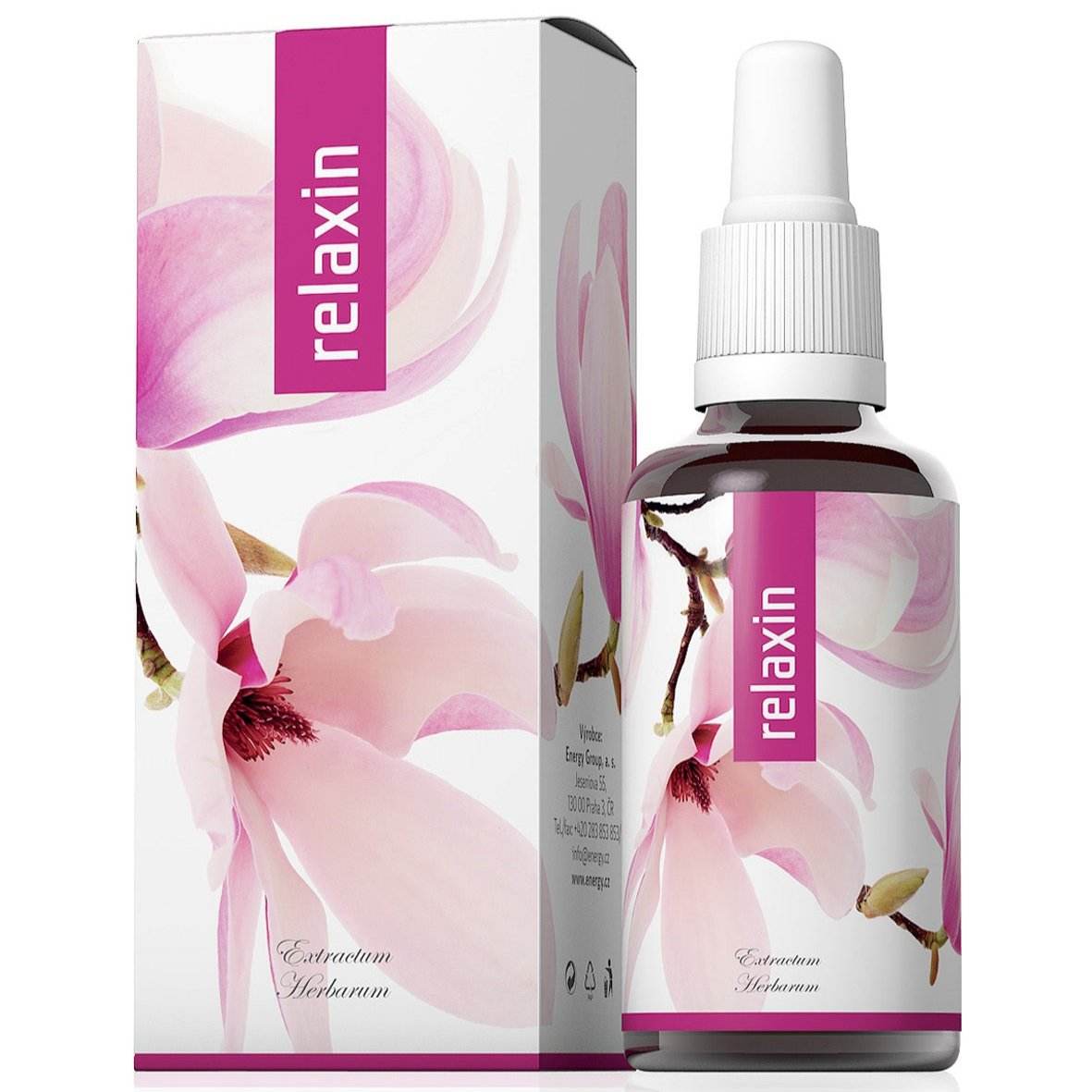 Relaxin 30ml herbal concentrate bottle and box with magnolia flower design, natural caffeine-free supplement