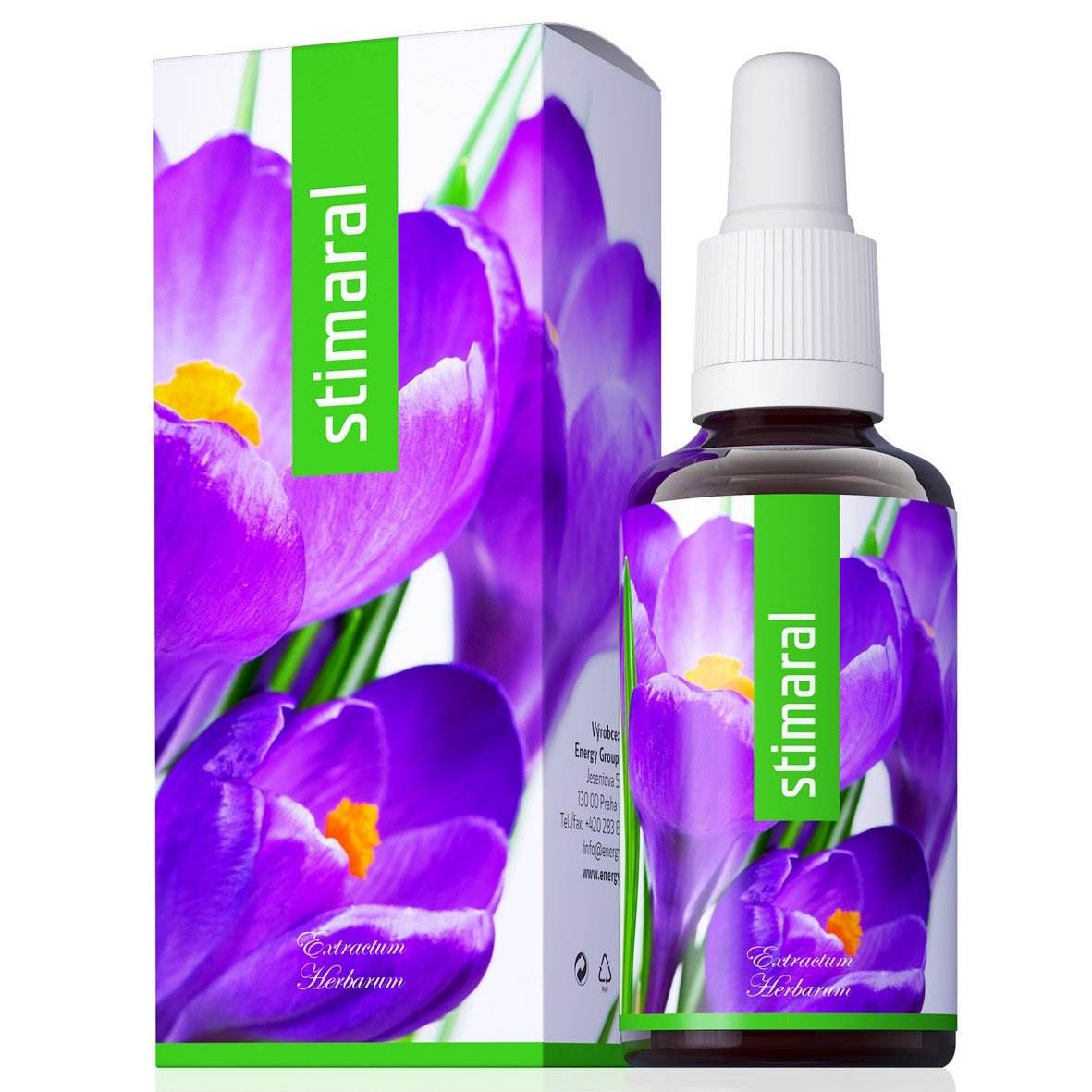 Stimaral herbal concentrate 30ml bottle and box with purple flower design for mental well-being