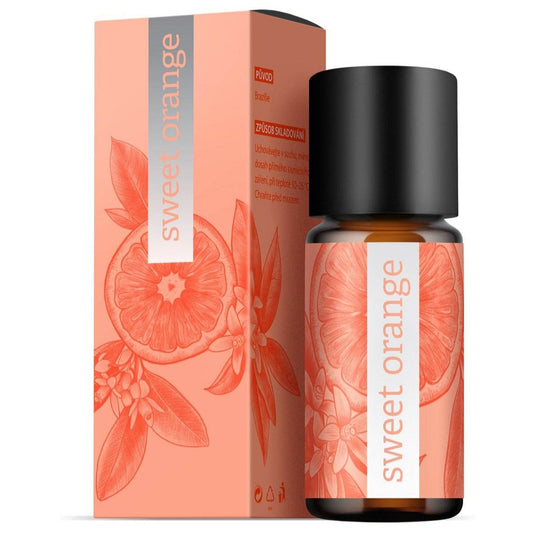 Sweet orange aromatherapy essential oil 10ml bottle and packaging with orange fruit illustrations