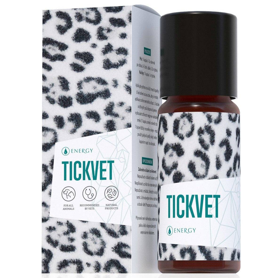 Tickvet natural essential oil repellent for dogs 10ml bottle with leopard print packaging
