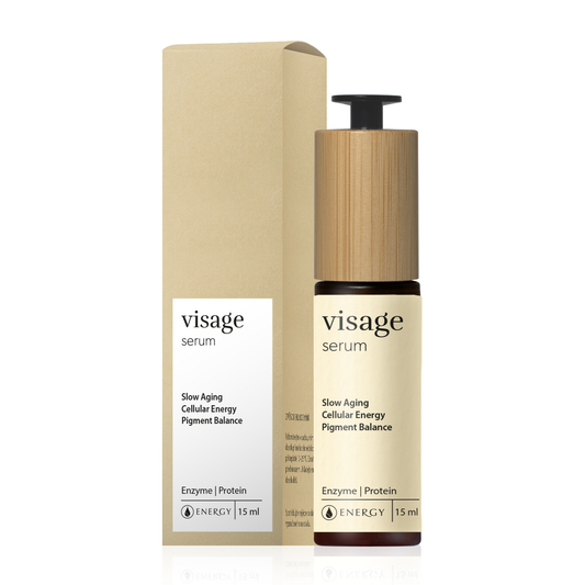 Visage serum 15ml bottle with wooden pump and beige packaging for anti-aging and skin nourishment.