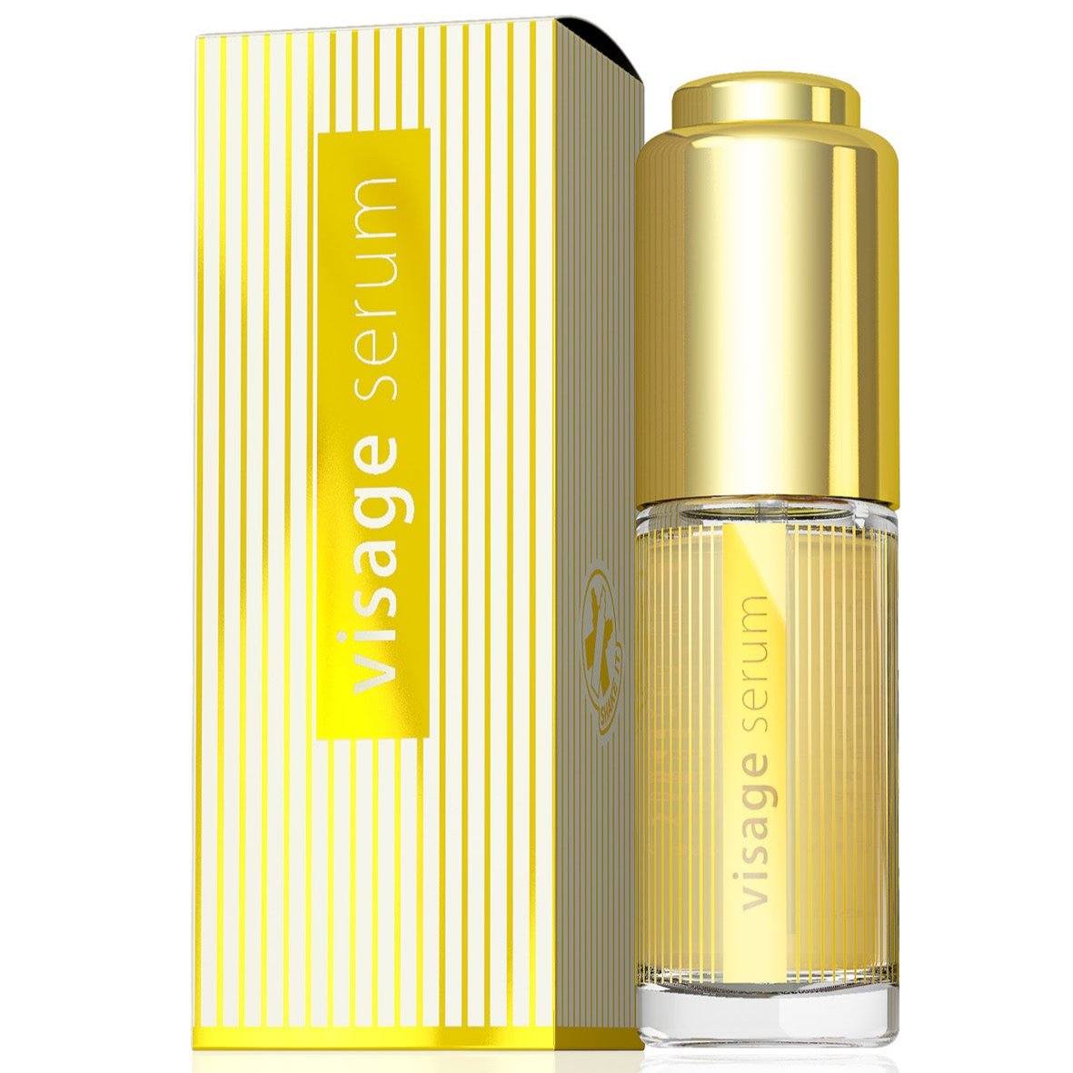 Visage enzyme serum bottle with gold cap and striped yellow packaging for skin rejuvenation and wrinkle softening, 15 ml.