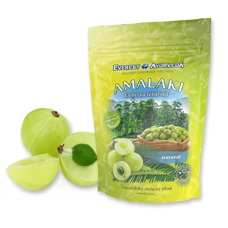 Amalaki natural antioxidant vitamin C supplement for immunity and digestive health 100g packaging with fresh amla fruit slices