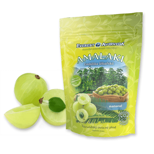 Amalaki natural antioxidant vitamin C supplement for immunity and digestive health 100g packaging with fresh amla fruit slices