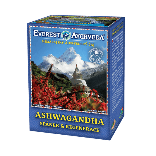 Everest Ayurveda Ashwagandha sleep and regeneration herbal tea with valeriana and withania, 100g box from Nepal