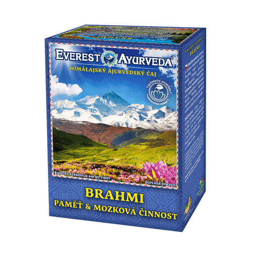 Brahmi Ayurvedic herbal tea for memory and brain activity, 100g box with Himalayan mountain design