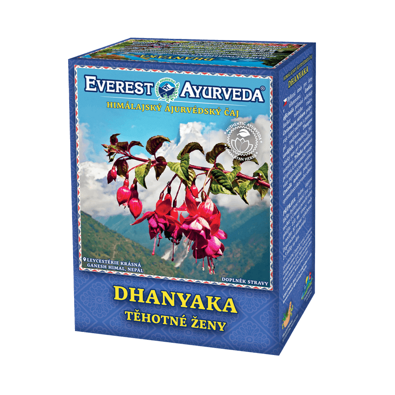 Everest Ayurveda Dhanyaka herbal tea for pregnant women, 100g box with Himalayan herbal ingredients for digestion and reproductive health.
