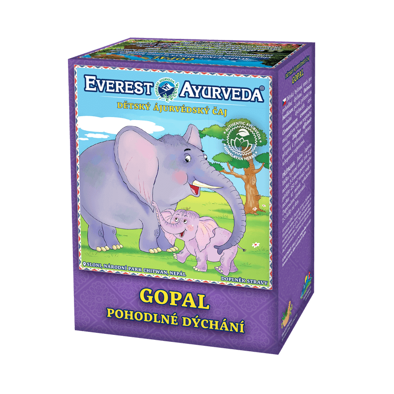 Gopal children's herbal tea blend for comfortable breathing with Himalayan herbs, 100g box.