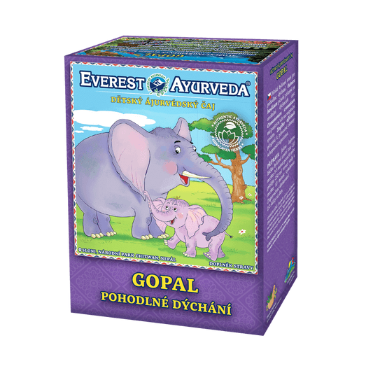 Gopal children's herbal tea blend for comfortable breathing with Himalayan herbs, 100g box.
