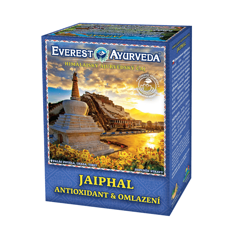 Jaiphal antioxidant and rejuvenation herbal tea 100g Everest Ayurveda packaging with Himalayan landscape image