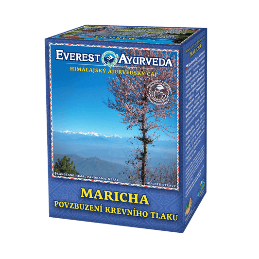 Maricha herbal tea box for reduced blood pressure with Himalayan ingredients, 100g packaging