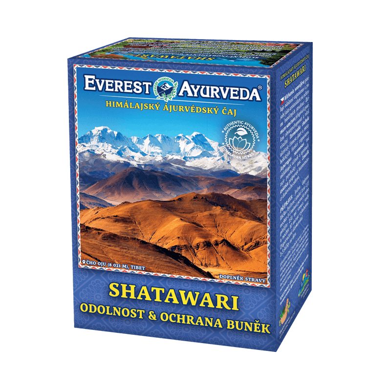 Everest Ayurveda Shatawari herbal tea for cell resistance and protection, 100g box with Himalayan mountain image