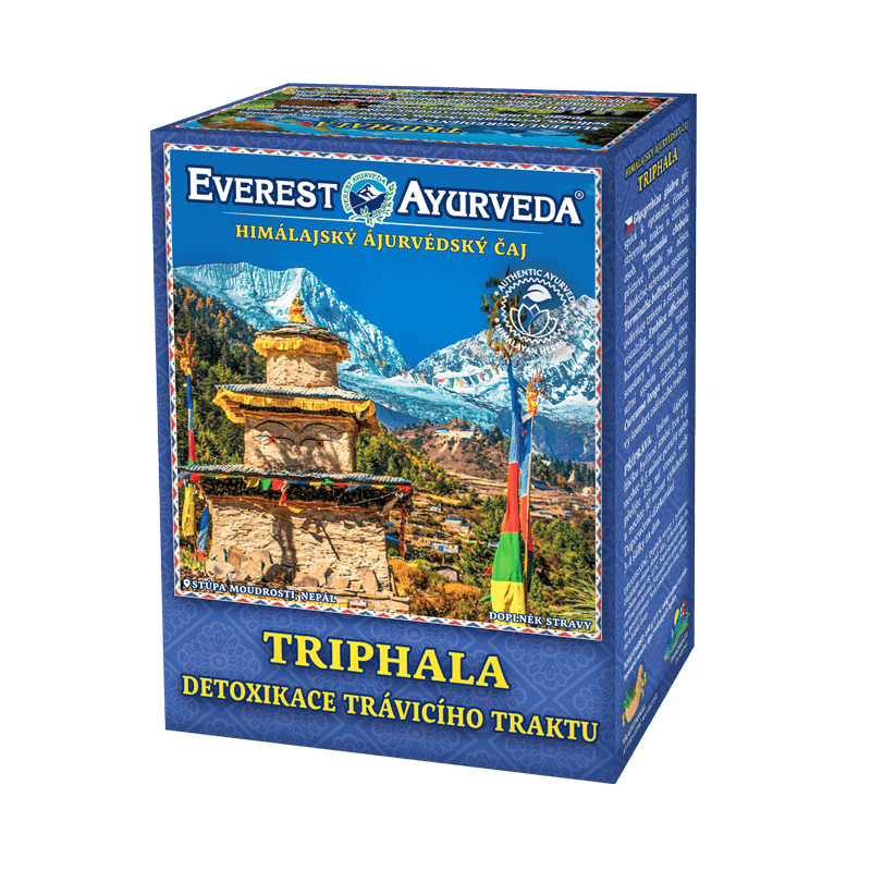 Tripahala digestive detox herbal tea 100g box with Himalayan mountain background