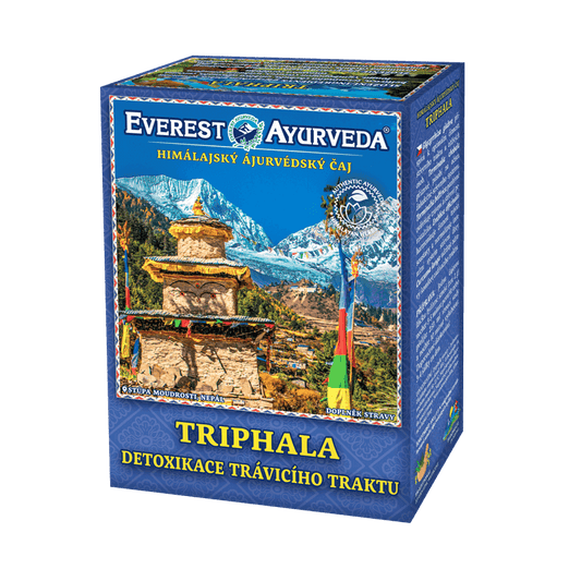 Tripahala digestive detox herbal tea 100g box with Himalayan mountain background