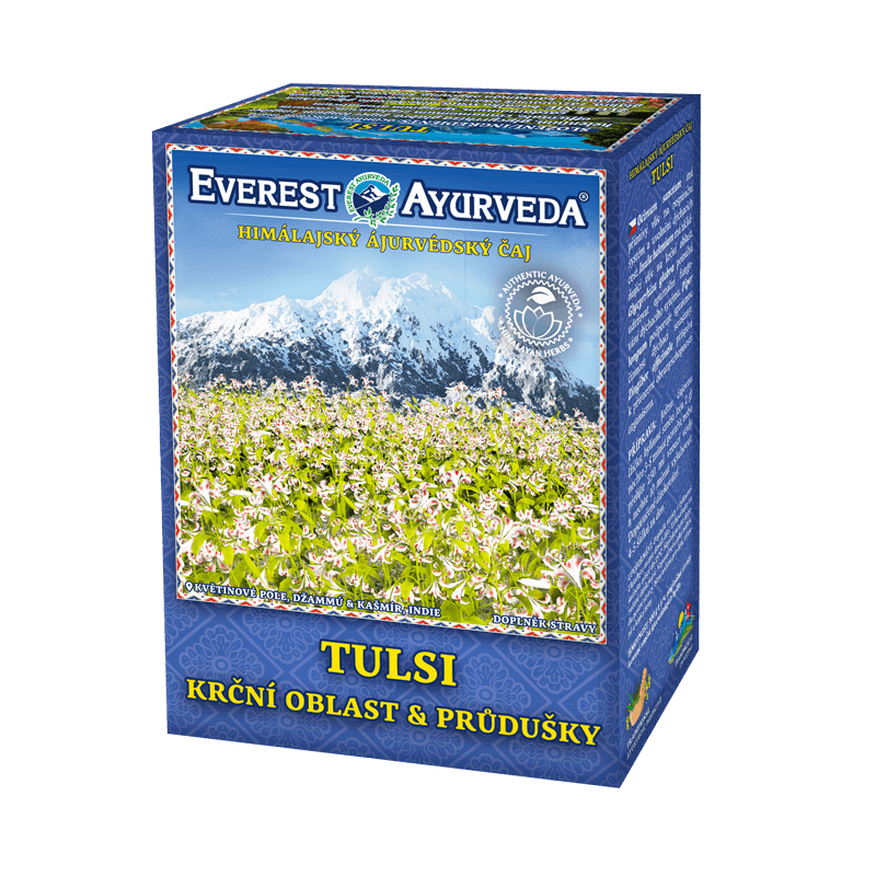 Everest Ayurveda Tulsi herbal tea for throat and bronchial health, 100g packaging with Himalayan mountain and tulsi plants image