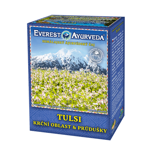 Everest Ayurveda Tulsi herbal tea for throat and bronchial health, 100g packaging with Himalayan mountain and tulsi plants image