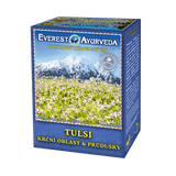 Everest Ayurveda Tulsi herbal tea for throat and bronchial health, 100g packaging with Himalayan mountain and tulsi plants image