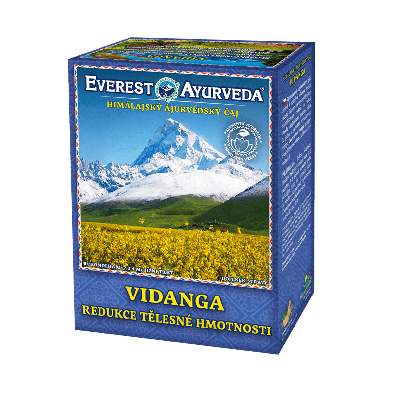 Vidanga Ayurvedic herbal tea for weight reduction with Himalayan mountain and yellow flowers on packaging, 100g loose tea box