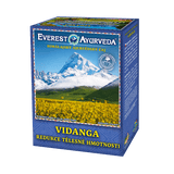 Vidanga Ayurvedic herbal tea for weight reduction with Himalayan mountain and yellow flowers on packaging, 100g loose tea box
