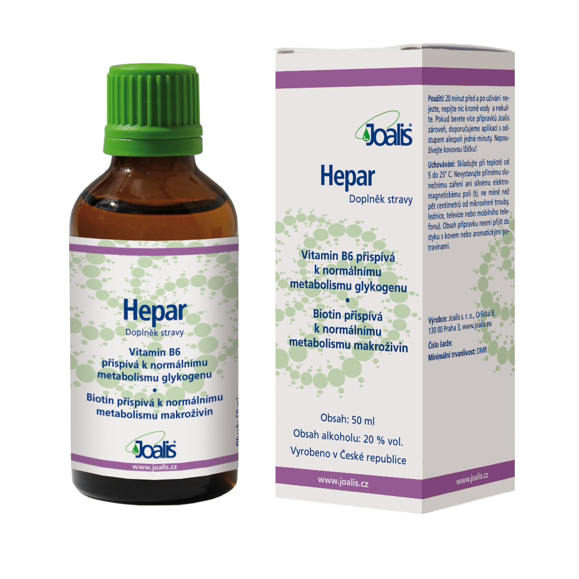 Hepar 50ml dietary supplement bottle and box targeting liver toxins and supporting liver metabolism and detoxification