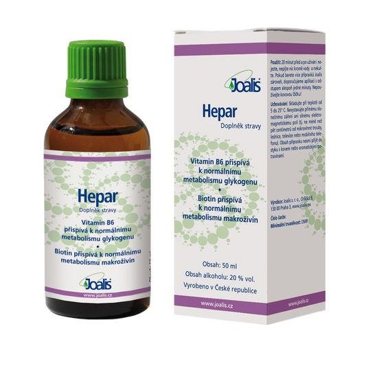 Hepar 50ml dietary supplement bottle and box targeting liver toxins and supporting liver metabolism and detoxification