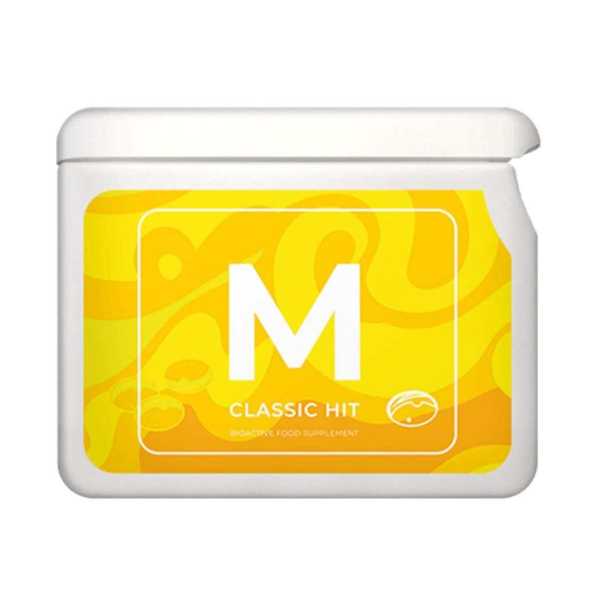Vision Project V M classic hit bioactive food supplement container with yellow label