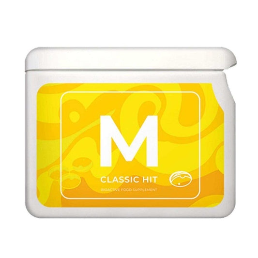 Vision Project V M classic hit bioactive food supplement container with yellow label