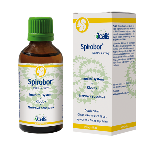 Spirobor 50 ml dietary supplement bottle and box for supporting immune system, joints, and nervous system targeting spirochaetes bacteria