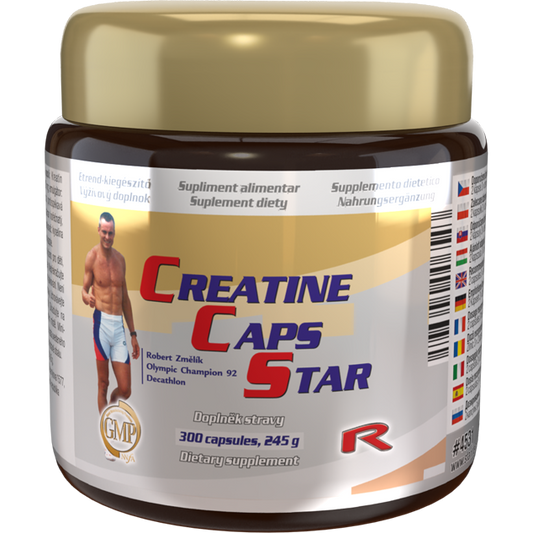 Container of Creatine Caps Star dietary supplement with 300 capsules for energy and strength enhancement in sports