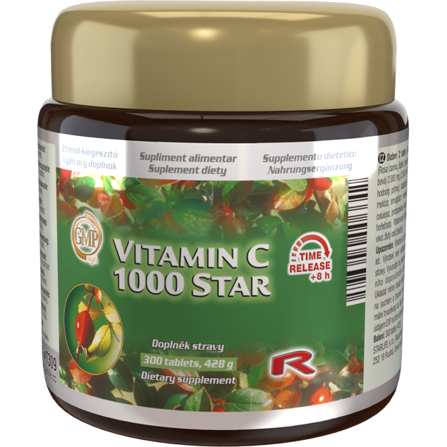 Vitamin C 1000 Star dietary supplement jar with rose-hip extract, 300 tablets time-release formula