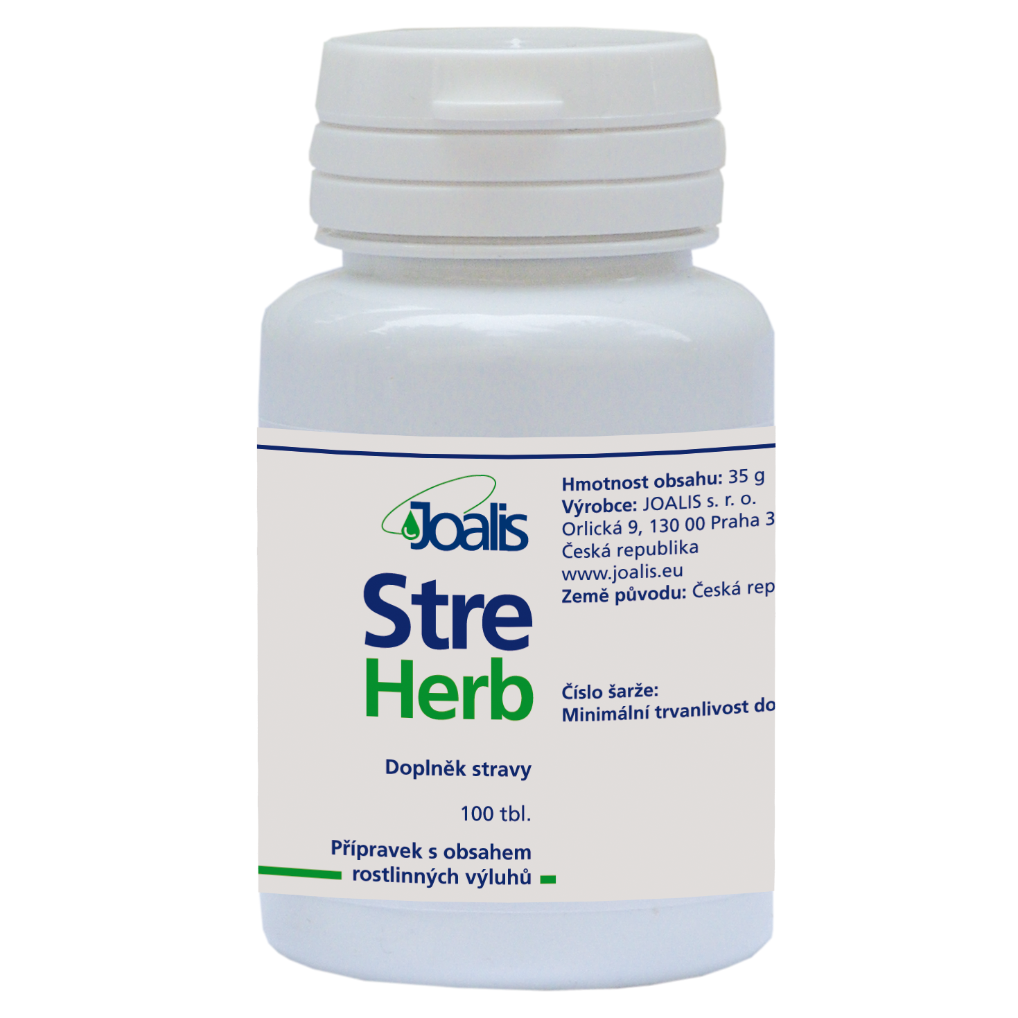 Bottle of StreHerb dietary supplement tablets for emotional stresses relief.