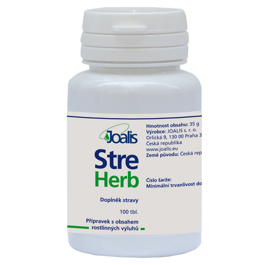 Bottle of StreHerb dietary supplement tablets for emotional stresses relief.