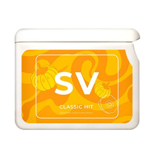 SV Classic Hit weight loss supplement with Garcinia Cambogia extract in an orange and white container
