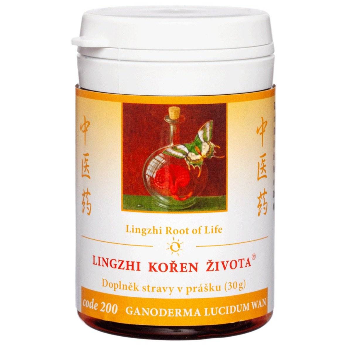 Lingzhi Root of Life 30g Ganoderma Lucidum herbal powder supplement in white and orange container