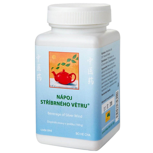 100g herbal powdered product Beverage of Silver Wind BO HE CHA in white container with blue label and red teapot illustration