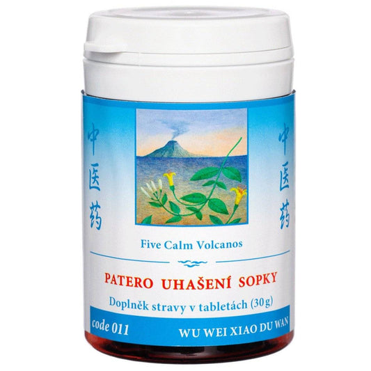 Five Calm Volcanos herbal tablets for psoriasis and skin inflammation relief in 100-tablet bottle