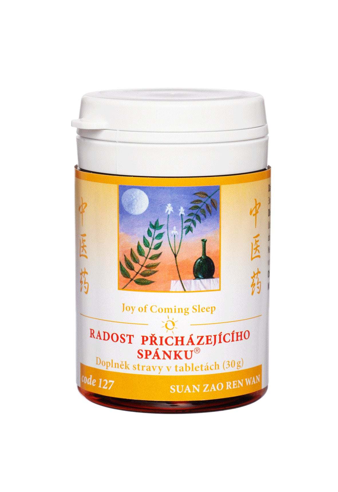 Jar of 127 Joy of Coming Sleep Suan Zao Ren Wan herbal tablets for insomnia relief