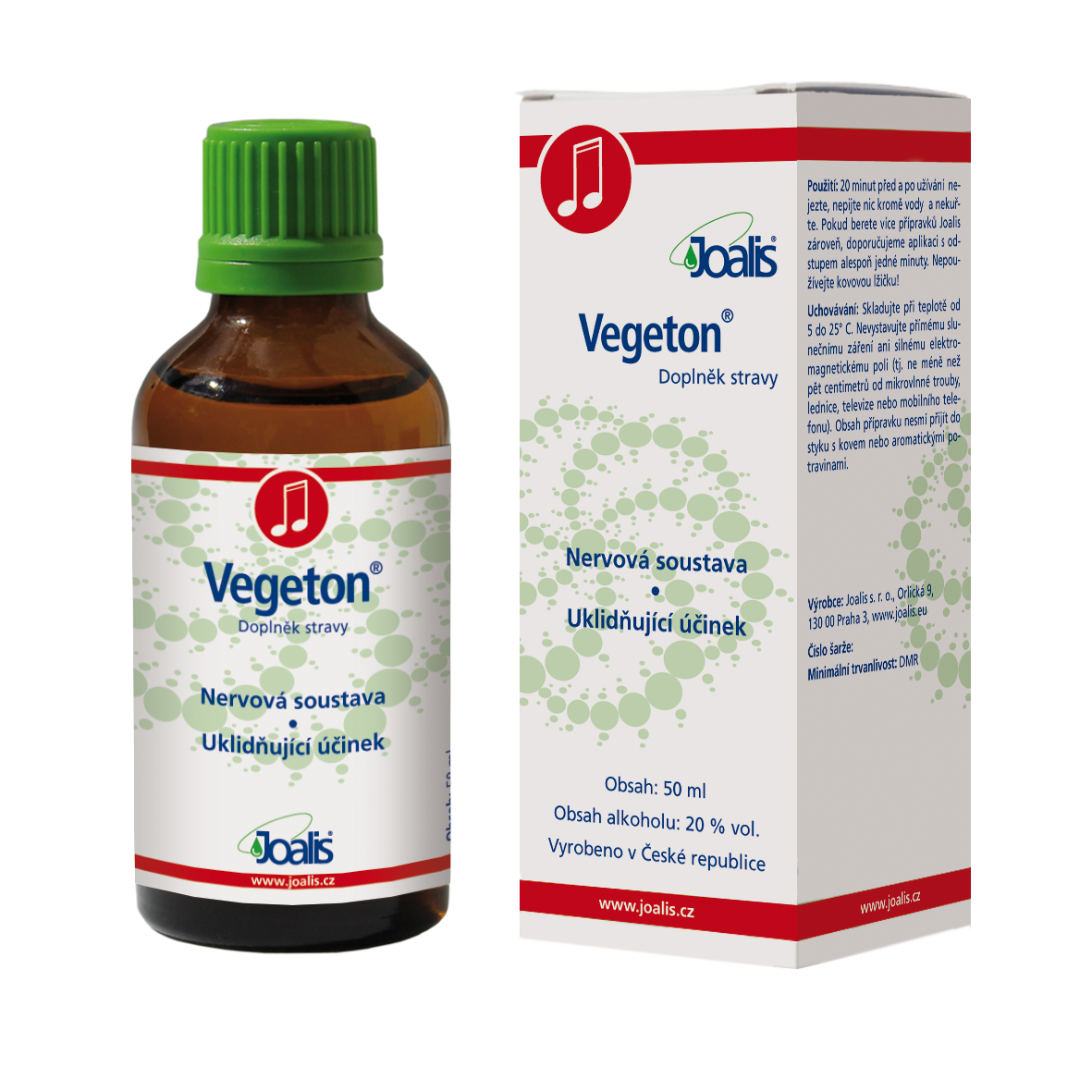 Vegeton 50ml dietary supplement for autonomic nervous system support and calming effect in brown bottle with green cap and white box packaging