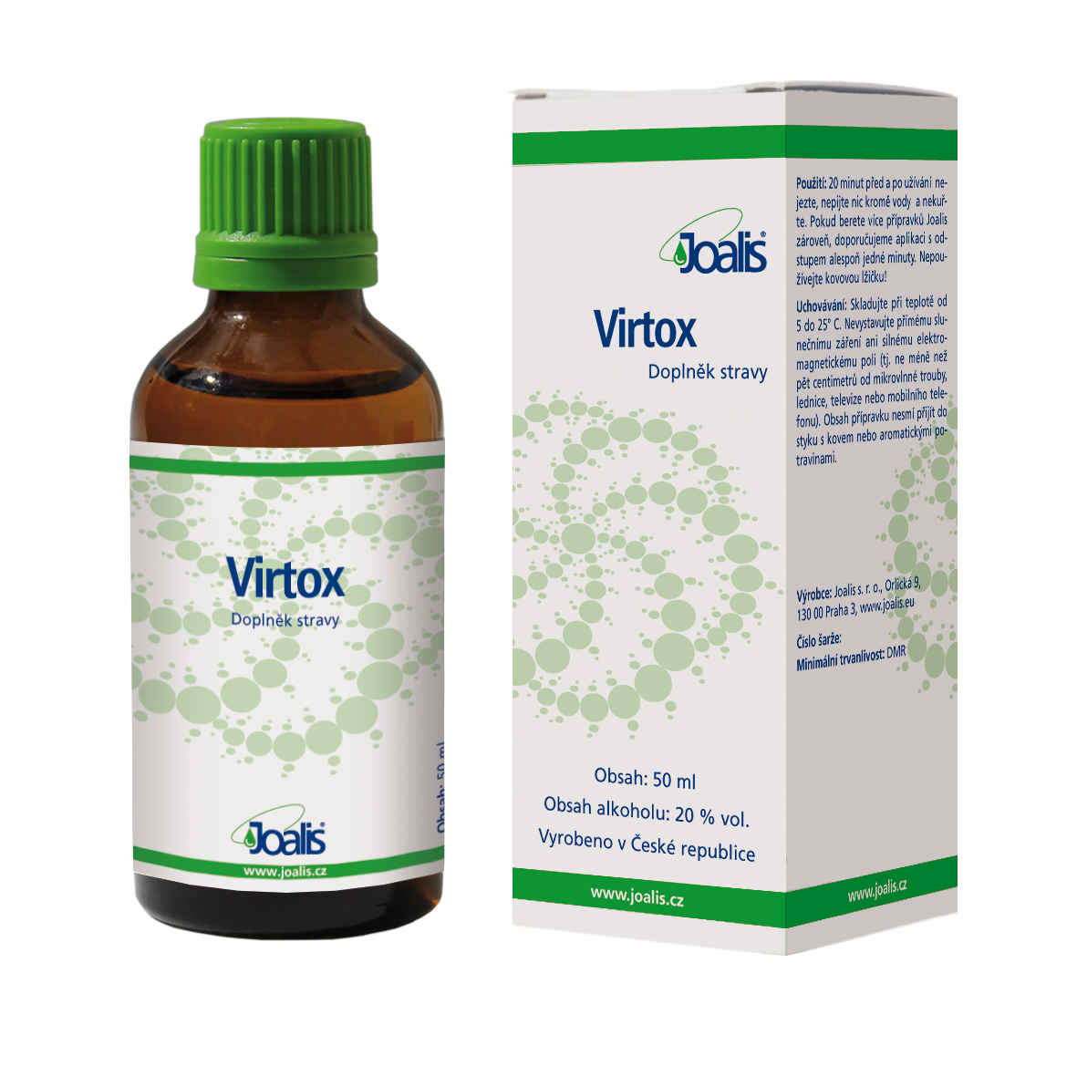 Virtox 50ml dietary supplement for detoxifying viral toxins with plant extracts and ethanol in brown bottle with green cap and white packaging box