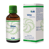Virtox 50ml dietary supplement for detoxifying viral toxins with plant extracts and ethanol in brown bottle with green cap and white packaging box