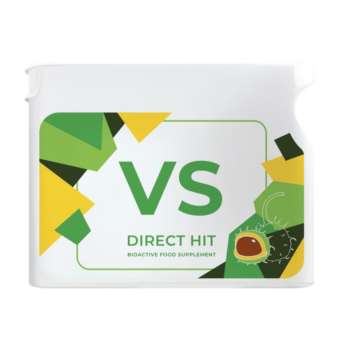 White container of Vision Project V - VS antioxidant vascular health supplement with green and yellow geometric accents and chestnut illustration