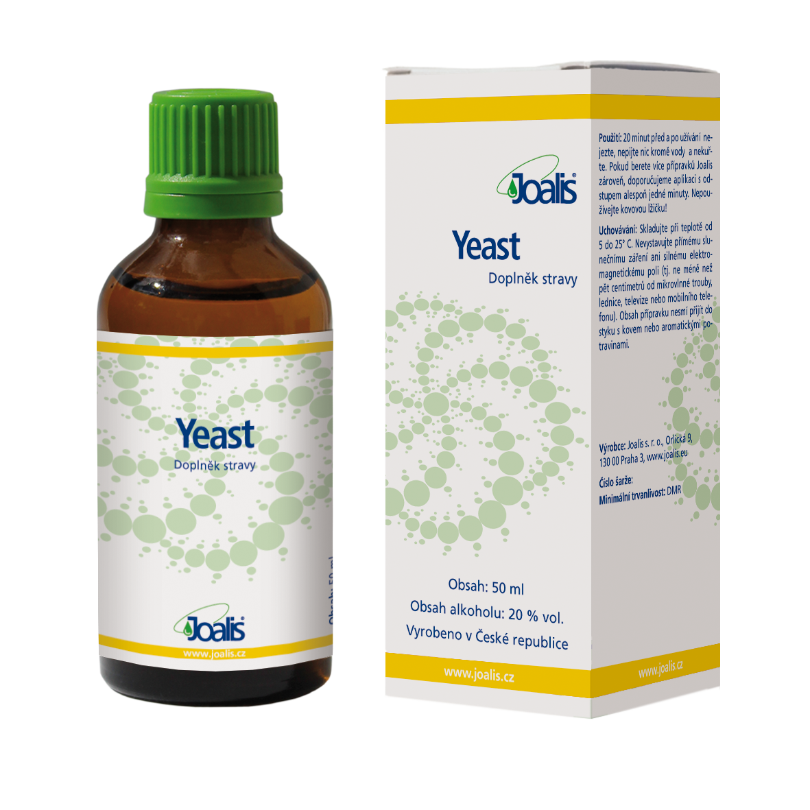 Joalis Yeast 50 ml dietary supplement bottle and packaging with green cap and yellow-white label